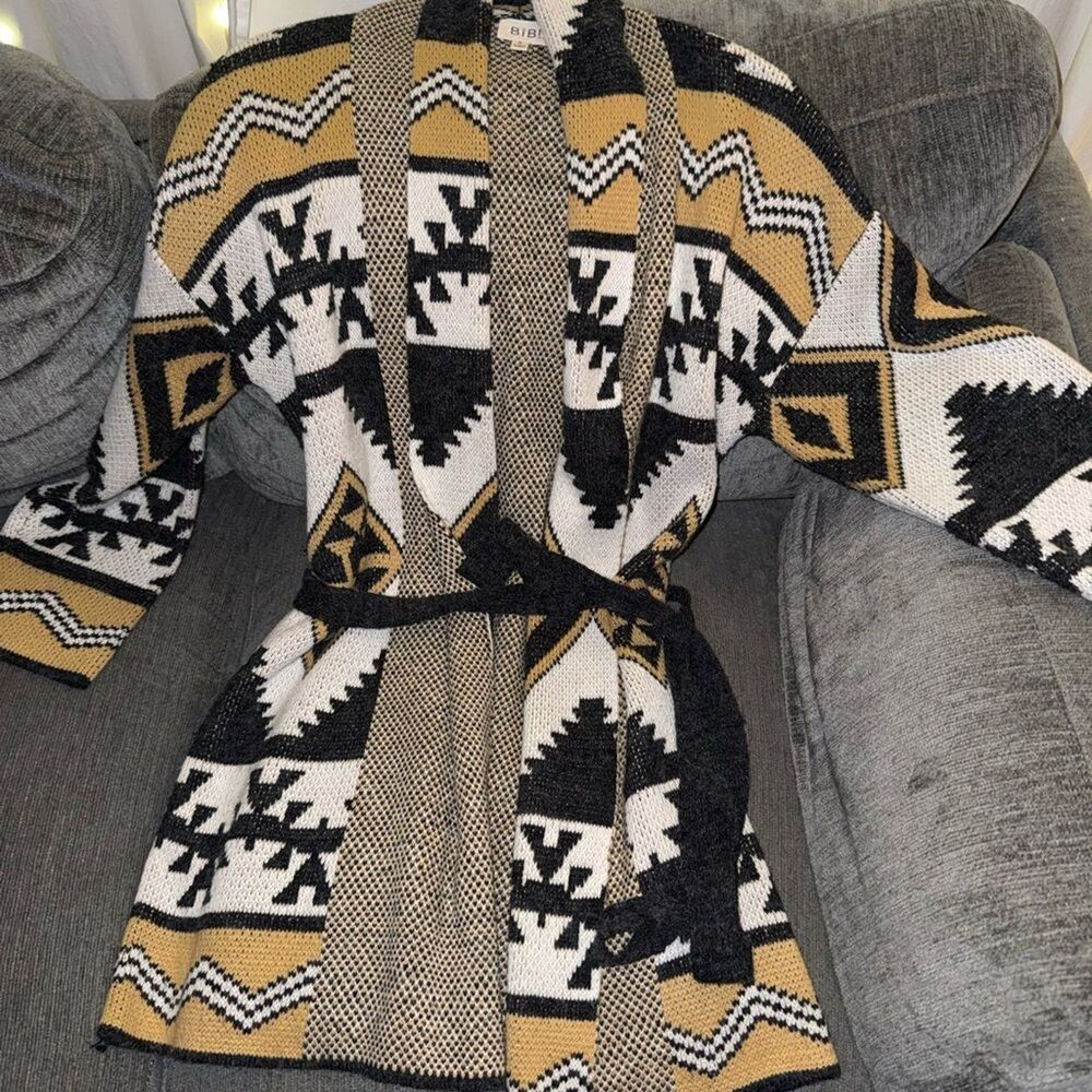 BiBi Chevron Knit Cardigan in Black, White, and Tan
